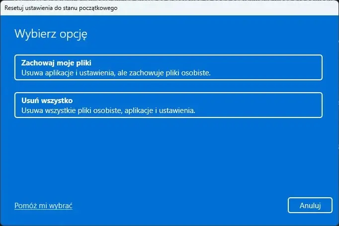 Wybierz opcję resetu